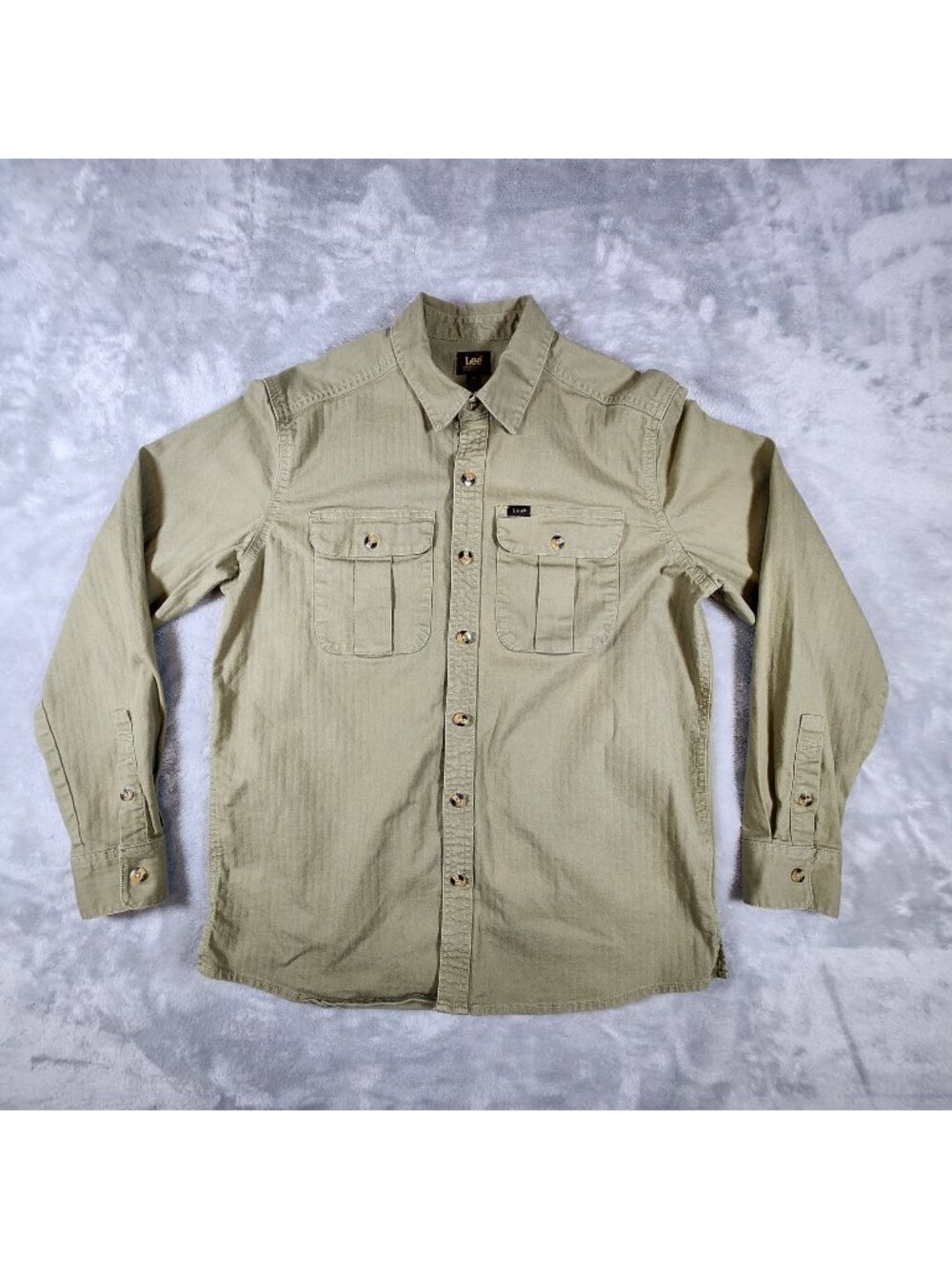 Lee Working Western Shirt Medium Olive Green Button Pockets Rugged Ranch Chore